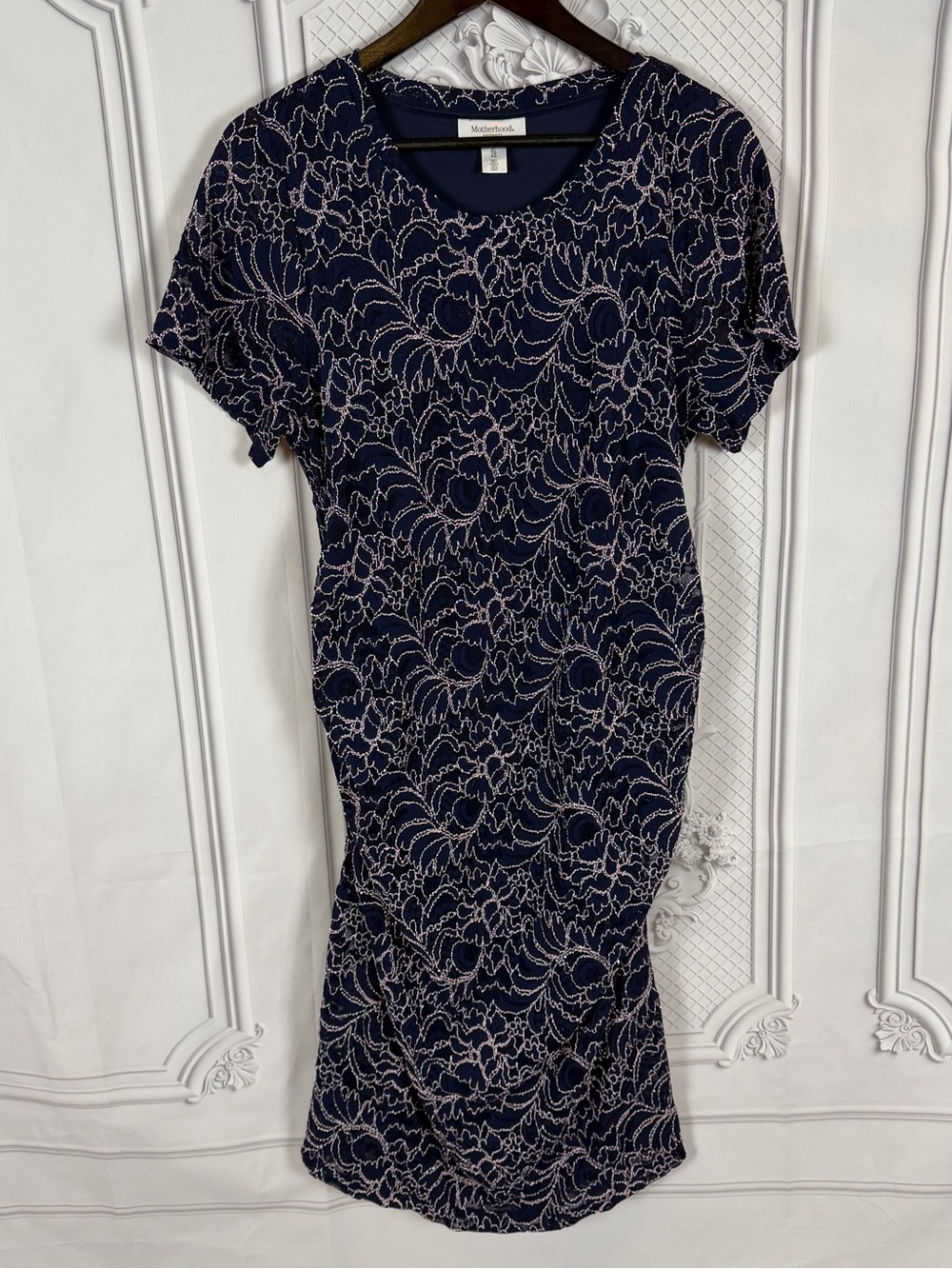 Motherhood Maternity Navy Pink Lace Overlay Dress XL Ruched Gender Reveal Chic